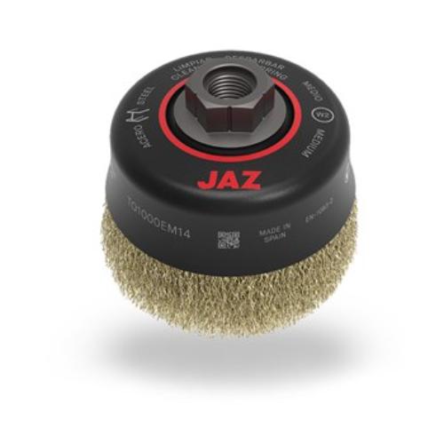 Jaz Cup Brush Crimped 100mm, coated steel, excels in rust and paint removal, ideal for professionals and DIY tasks.
