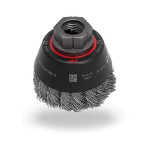 Jaz Cup Brush: 65mm diameter, high-speed twist knot design for efficient rust removal and surface preparation.