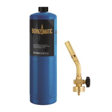 BernzOmatic Manual Gas Torch Kit with brass tube, includes UL2317 torch and TX9 propane cylinder for DIY and professional tasks.