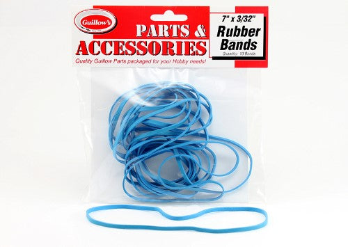 Pack of 10 durable 7" x 3/32 rubber bands for balsa model construction and crafting projects.