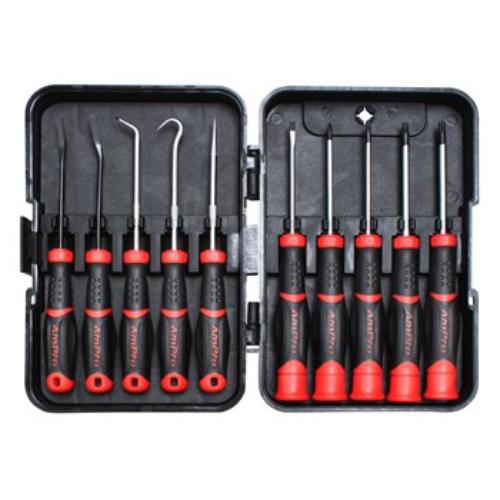 AmPro 10pc Pick and Precision Screwdriver Set for delicate repairs, includes flat, Phillips, Torx, and specialty tools.