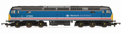 Hornby RailRoad Plus NSE Class 47 47598 model, detailed diesel-electric locomotive in authentic livery, ideal for collectors.