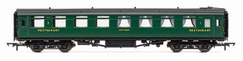 Hornby SR Maunsell Dining Saloon model R40221, elegantly designed for Third Class passengers with kitchen service areas and 64 diner capacity.