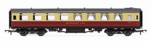 Hornby BR Maunsell Dining Saloon 1st model featuring low-window design for a nostalgic 1920s British rail dining experience.