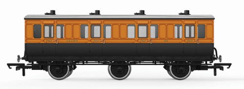Hornby LSWR 6WC 1st Class coach model, showcasing intricate details and oil lamp lighting, perfect for vintage railways.