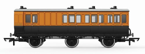 Hornby LSWR 6WC 3rd Class Coach 648, a detailed replica of a historic railway model with oil lamps and step boards.