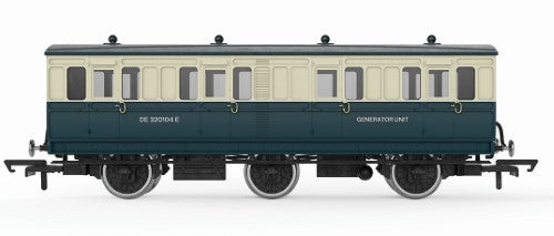 Hornby BR InterCity 6W Generator Coach model with detailed design, perfect for enhancing railway layouts and operational capacity.