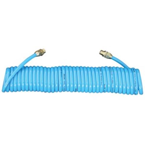 AmPro 3/8" x 25ft blue polyurethane air hose with fixed head, brass fittings, and durable nylon braid for pneumatic tools.