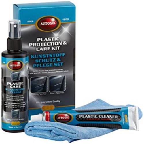 Autosol Plastic Protection Care Kit with cleaner, protectant, and microfiber cloth for revitalizing vehicle plastics.