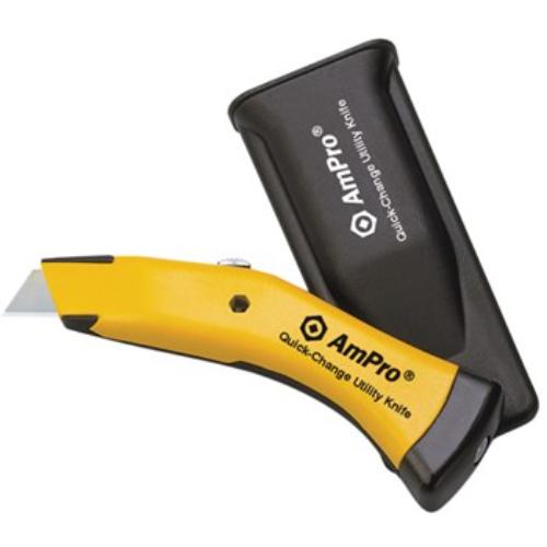 Heavy-duty AmPro utility knife with retractable blade, holster, and storage for up to 12 spare blades.