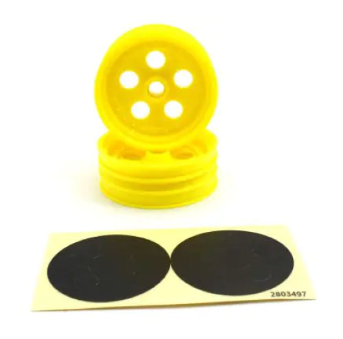 Yellow front wheel rims for Kyosho Tomahawk, sold in pairs, model KP SCH007Y.