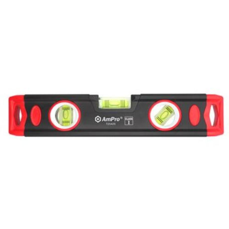 AmPro 9-inch aluminium magnetic level with three angle measurements for precise installation and easy storage.