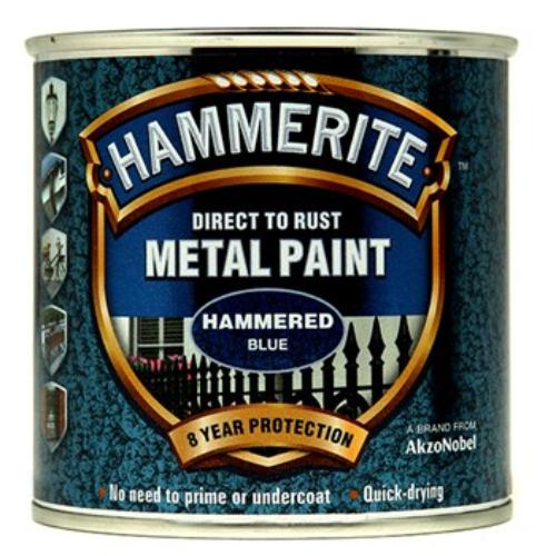 Hammerite Hammered 250ml Blue paint for direct rust application, features unique hammered finish and long-lasting durability.