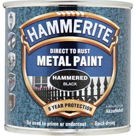 Hammerite Hammered 250ml Black paint, ideal for metal surfaces with a hammered finish, offering rust protection and easy application.