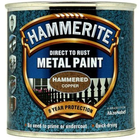 Hammerite Hammered 250ml Copper paint enhances metal with a textured finish, protecting against rust for up to 8 years.