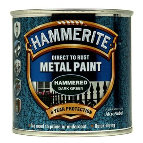 Hammerite Hammered 250ml Dark Green paint for metal offers rust protection, a hammered finish, and fast-drying convenience.