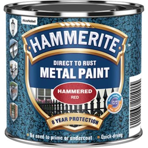 Hammerite Hammered 250ml Red paint for rust protection, featuring a durable hammered finish for metal surfaces.