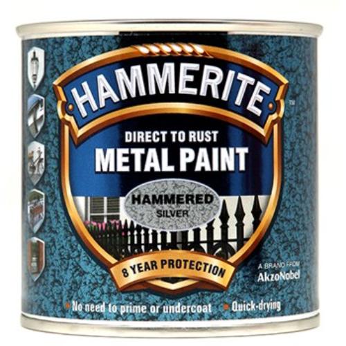 Hammerite Hammered 250ml Silver paint, ideal for rust protection and revitalizing metal surfaces with a premium finish.