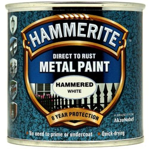 Hammerite Hammered 250ml White paint for rust prevention and lasting protection on metal surfaces.