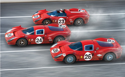 Scalextric 1967 Daytona 24 Triple Pack featuring detailed Ford MKIIs and Chaparral slot cars for high-speed racing.