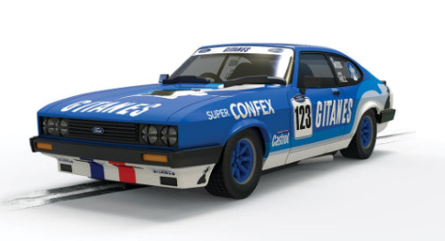 Ford Capri Mk3 Jake Hill '21 slot car, showcasing vivid livery and precision design for ultimate racing thrill.