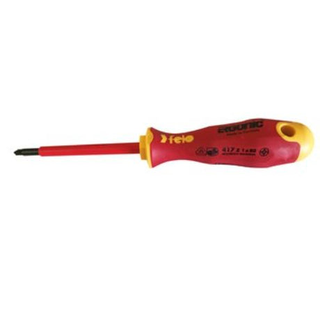 Felo 417 Ergonic insulated screwdriver features ergonomic design, hardened tip, and VDE rating for safe electrical work.