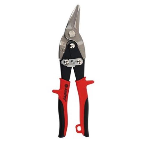 AmPro Aviation Tin Snip with red handle for precise left cuts in sheet metal, featuring a cushioned grip and safety lock.