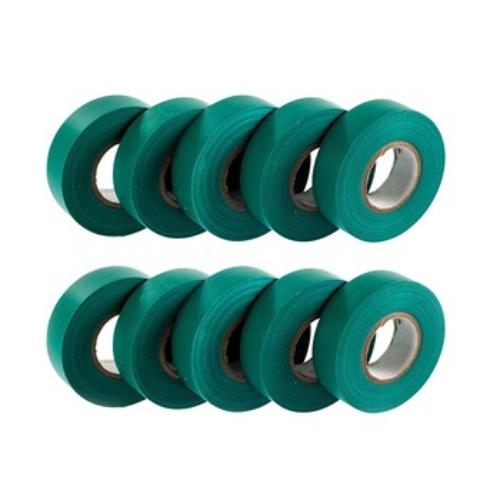 Green PVC insulation tape rolls, 20m x 18mm, pack of 10, waterproof and UV resistant for electrical safety.