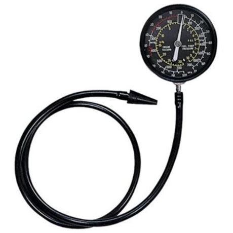 AmPro Vacuum & Fuel Pump Tester with 64mm dial, flexible hose, and adaptors for diagnosing fuel and vacuum issues.