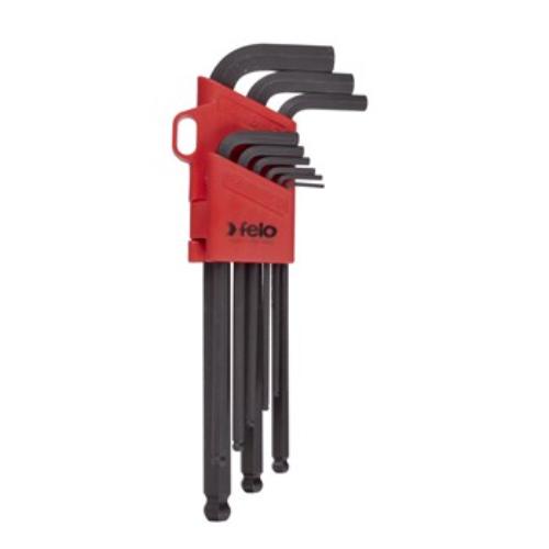 Felo BLX9 9-piece ballpoint hex key set, nickel plated, sizes 1.5-10mm, for precision and flexibility in tight spaces.
