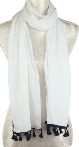 Scarf - White With Navy Tassles Scarf