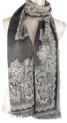 Scarf - Detailed Flower Print Scarf - Black