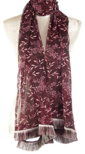 Scarf - Leaf Printed Scarf - Wine