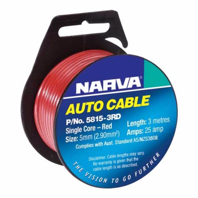 Narva 5mm 36a 3m red cable featuring oxygen-free copper and durable PVC insulation for high-performance electrical use.