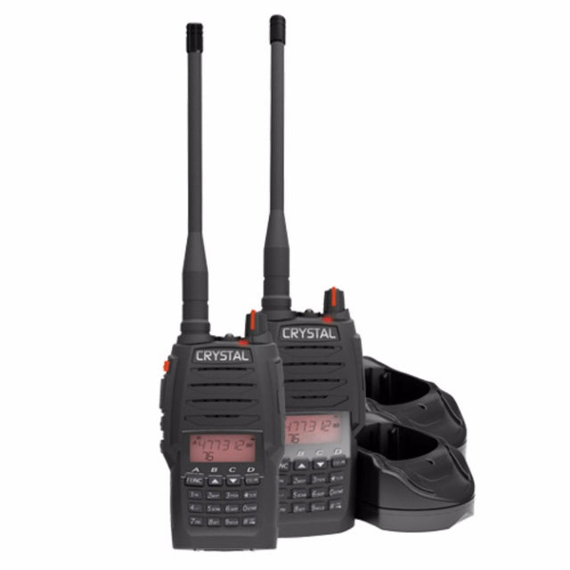 5W Handheld UHF CB Radio Twin Pack with 80 channels, durable design, and rechargeable battery for outdoor communication.