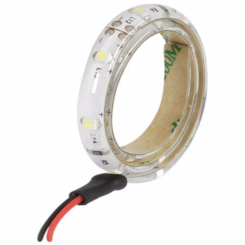 Narva 12V LED tape, 30cm, emits warm 3000K glow, ideal for cozy ambient lighting in homes and vehicles.