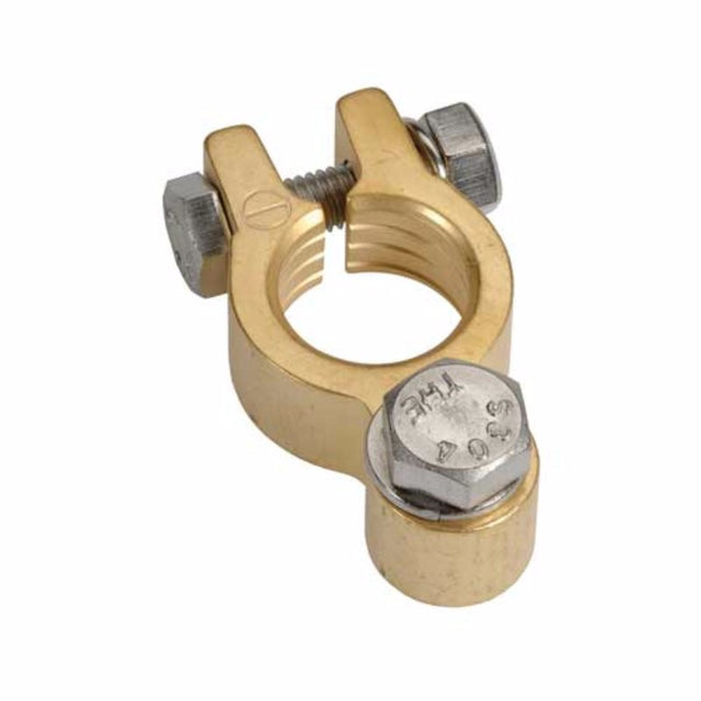 Pack of 10 brass negative terminals with stainless steel hardware, ideal for reliable electrical connections.