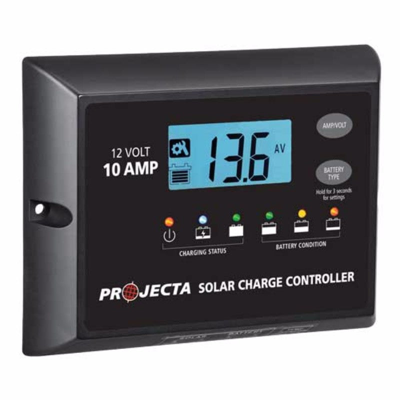 Projecta Solar Controller 10A 12V 4 Stage with LED indicators, perfect for solar energy management in RVs and off-grid systems.