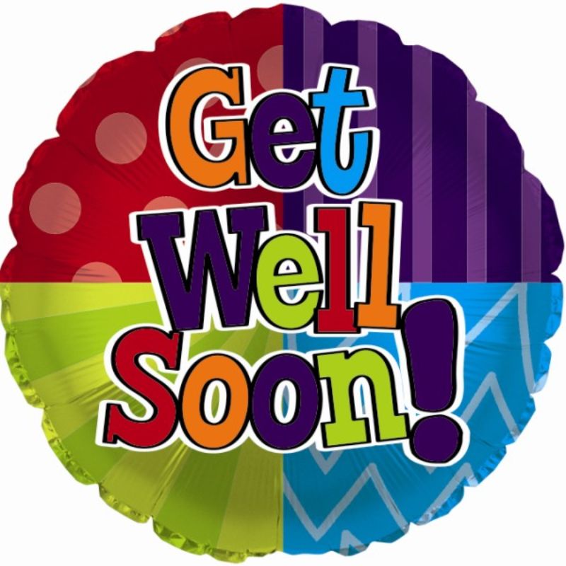 17-inch foil balloon with colorful dots and stripes, perfect for sending Get Well Soon wishes.