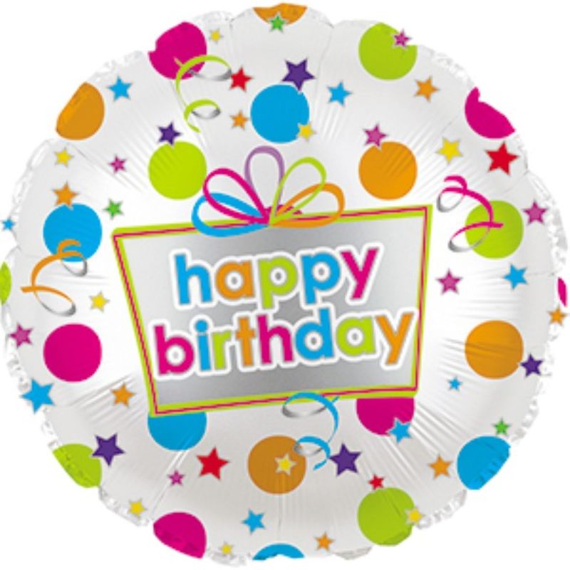 Vibrant 17-inch Happy Birthday Dots foil balloon with cheerful polka dots, perfect for all birthday celebrations.