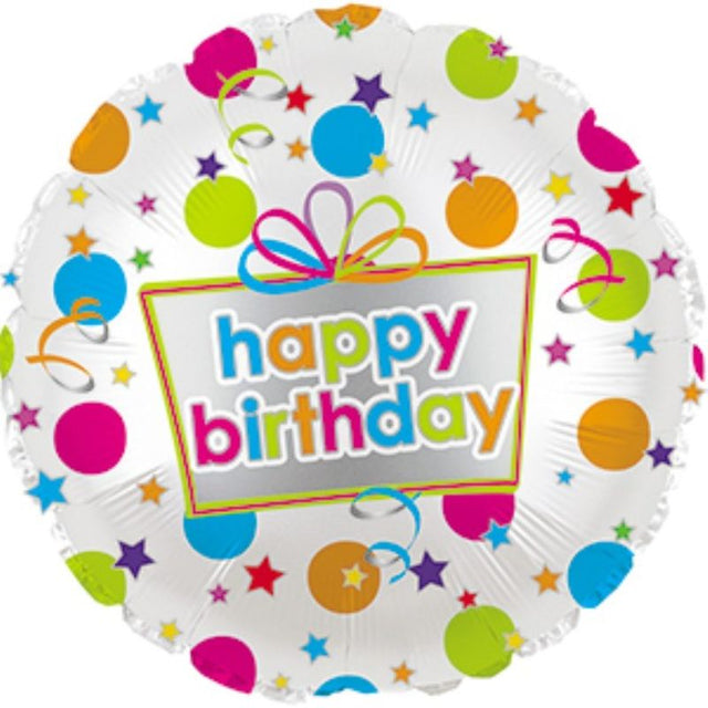 Vibrant 17-inch Happy Birthday Dots foil balloon with cheerful polka dots, perfect for all birthday celebrations.