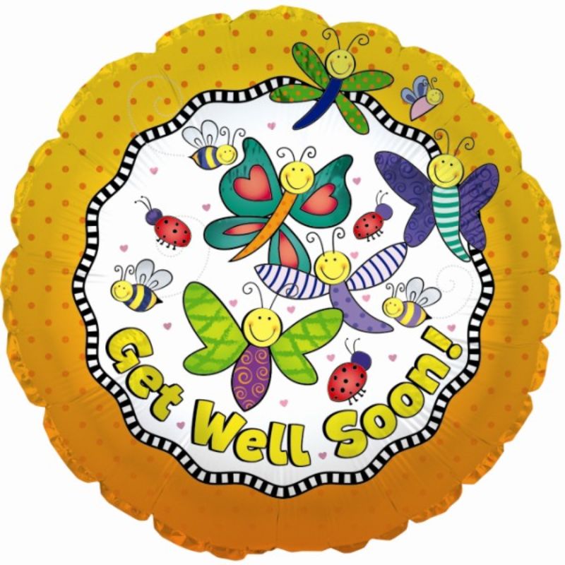 Colorful 17-inch foil balloon featuring cheerful butterflies and bugs, perfect for sending get well wishes.