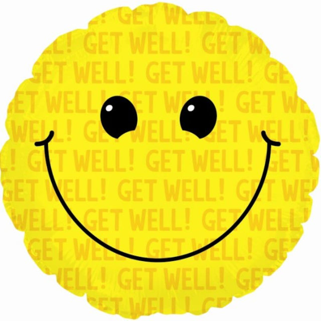 Cheerful 17-inch Smiley Get Well foil balloon, perfect for uplifting spirits and brightening recovery celebrations.