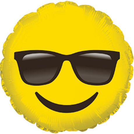 9-inch air-filled balloon featuring a vibrant emoticon with sunglasses, perfect for celebrations and party decor.