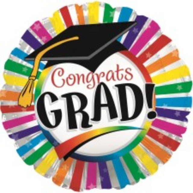 Vibrant 9-inch air-filled balloon with cheerful rainbow stripes, perfect for graduations and festive celebrations.
