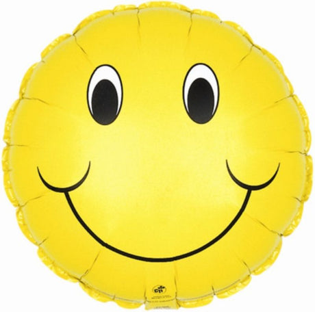 Bright yellow 9-inch smiley face balloon, perfect for parties; includes cup and stick for easy display.
