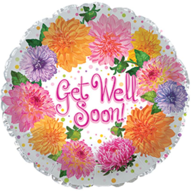 Vibrant 9-inch air-filled balloon with chrysanthemum design, perfect for sending get well wishes and uplifting spirits.