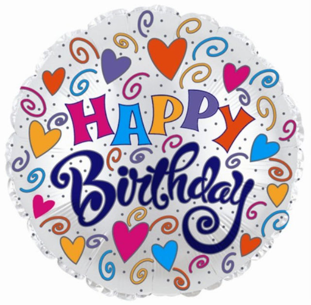 Colorful 9-inch air-filled balloon featuring vibrant hearts and swirls, perfect for joyful birthday celebrations.