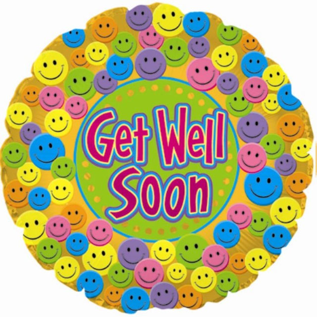 Cheerful 9-inch air-filled balloon featuring a smiley face for uplifting get well wishes during recovery.