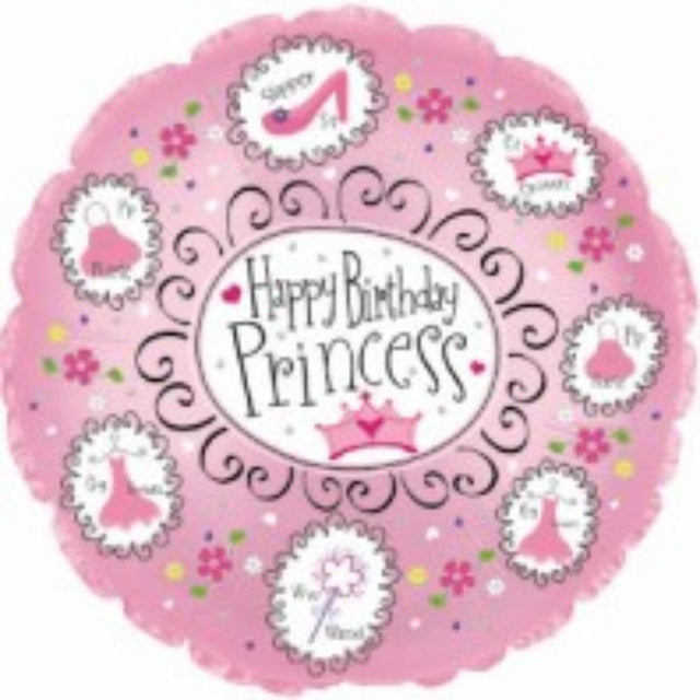 Vibrant 9-inch air-filled birthday balloon featuring a charming princess design, perfect for celebrating your little princess's party.